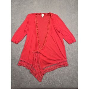 Chico's Red Waterfall Cardigan Size 2 (US L/12)‎ Tassles Long Sleeve Linen Blend